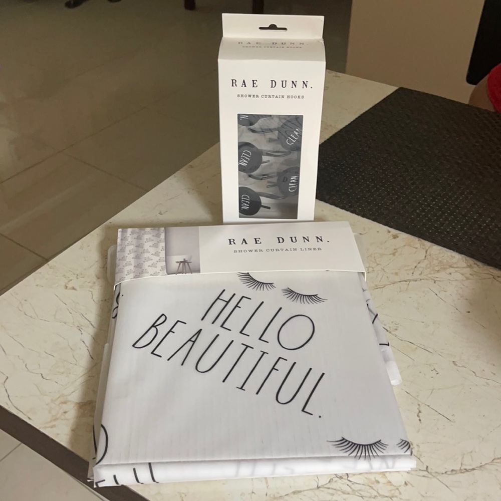 New Rae Dunn shower curtain and curtain hooks